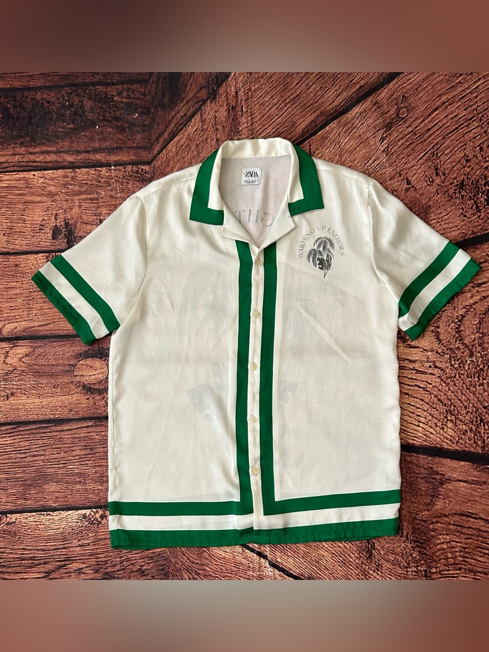 Zara Mens Satin Camp Collar Resort Shirt Green White Palm Tree Summer Size Small